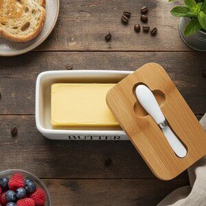 Large Ceramic Butter Dish with Bamboo Lid & Spreader